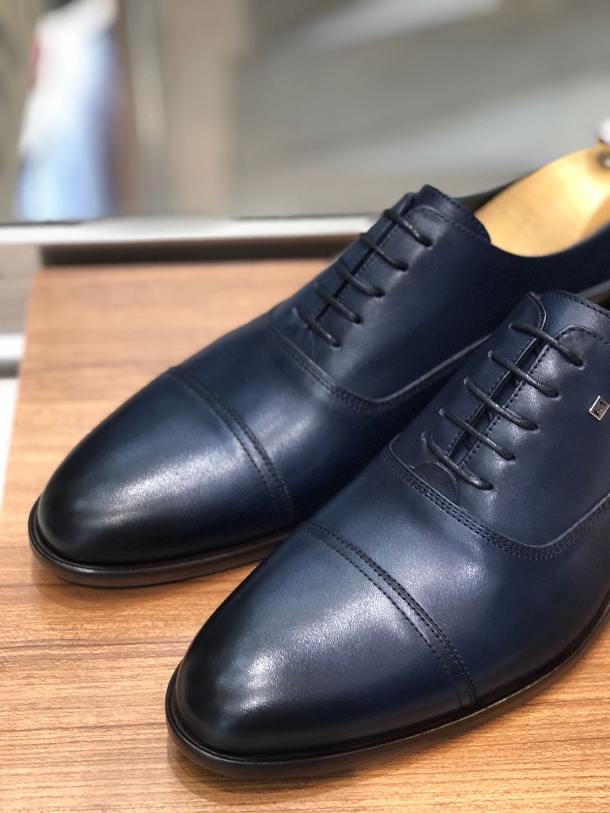 blue colour leather shoes