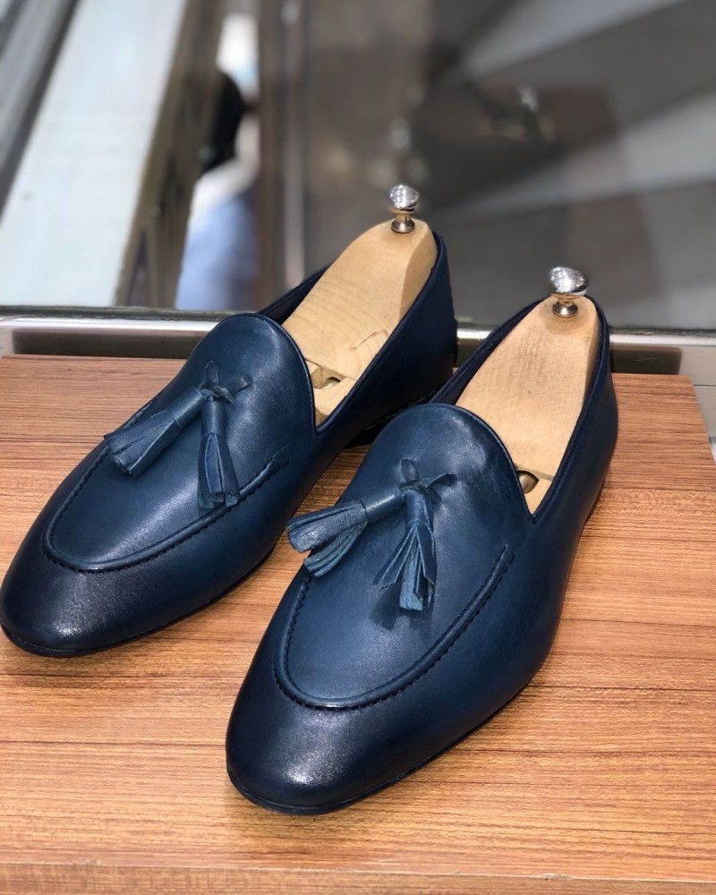 Navy Blue Calf Leather Tassel Loafer by Gentwith.com with Free Shipping