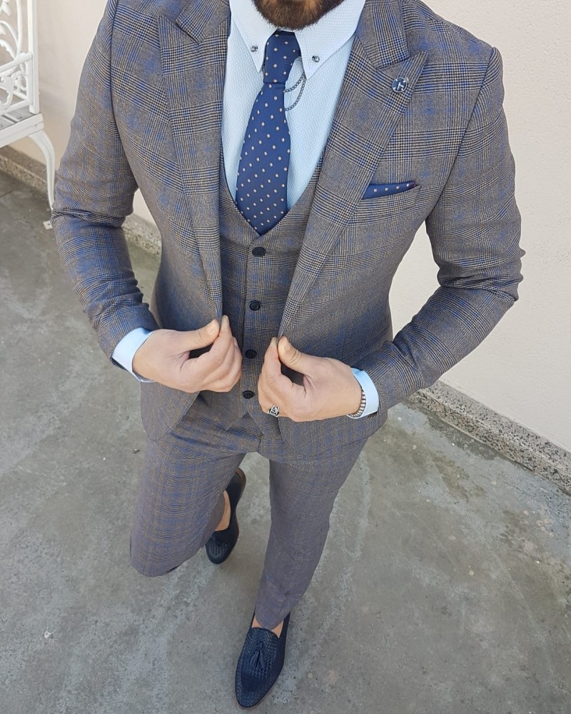 Camel Slim Fit Plaid Suit by Gentwith.com with Free Shipping