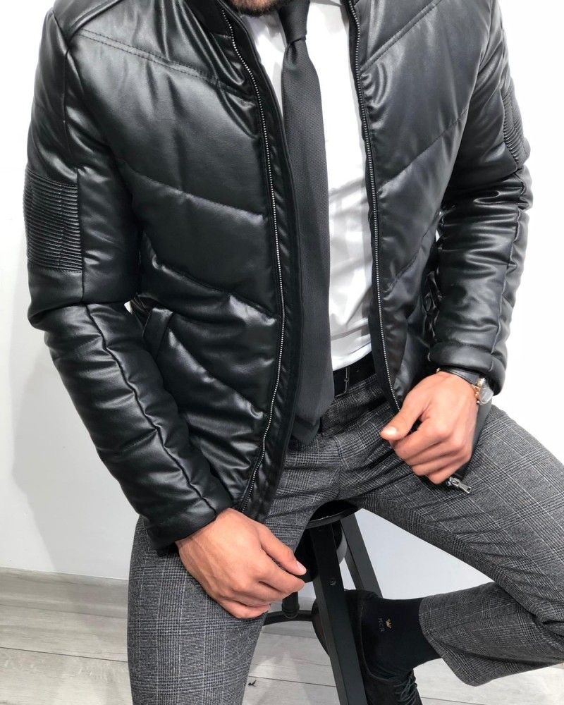 Black Slim Fit Leather Coat by Gentwith.com with Free Shipping