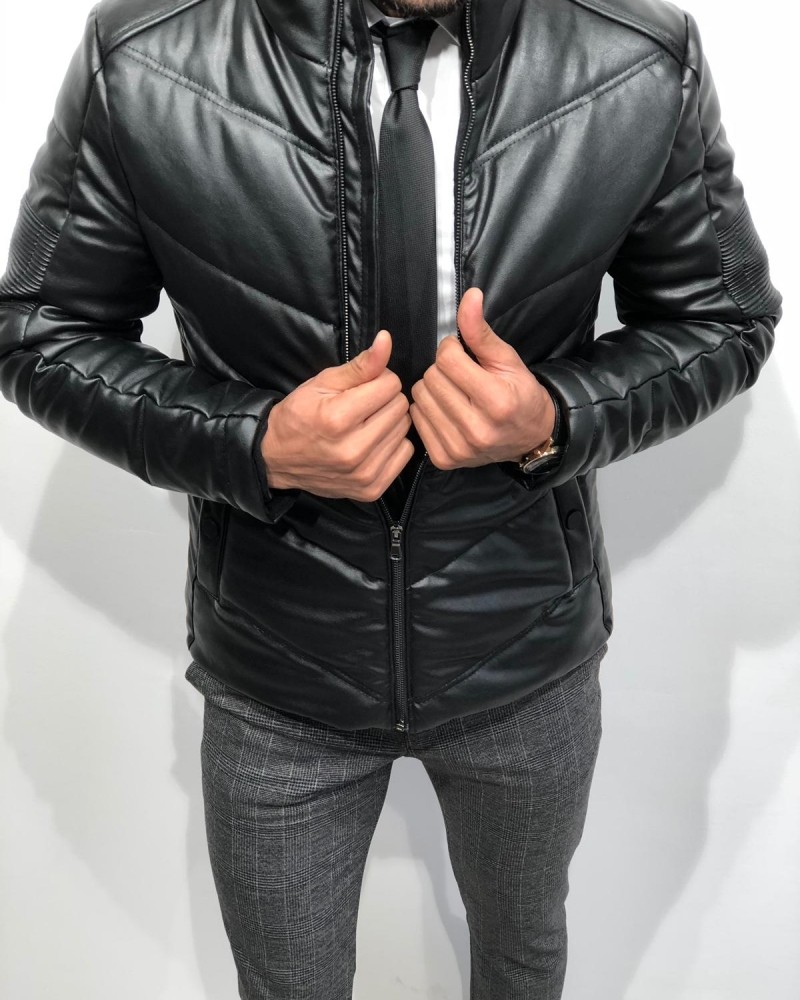 Black Slim Fit Leather Coat by Gentwith.com with Free Shipping