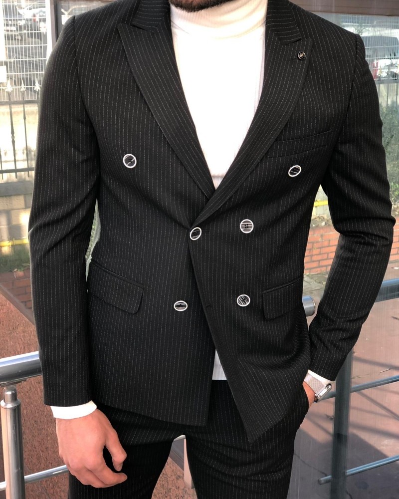 Black Slim Fit Striped Double Breasted Suit by Gentwith.com with Free Shipping