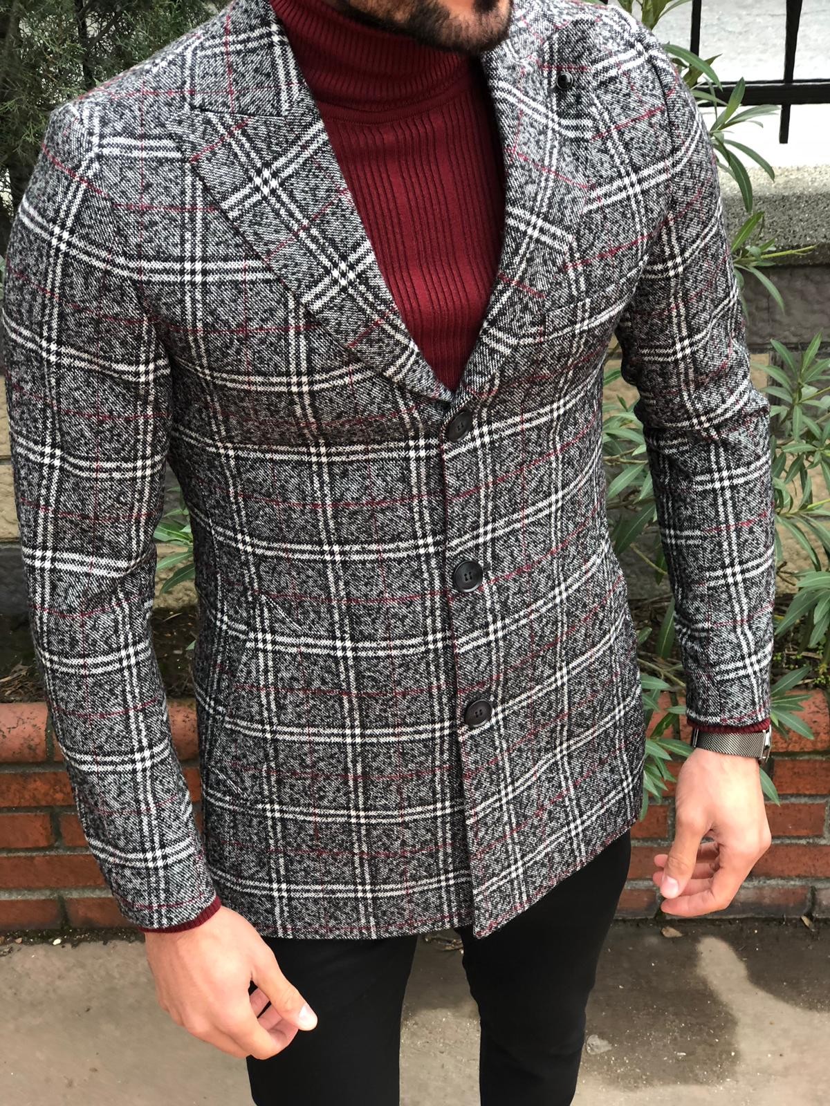 Buy Gray Slim Fit Plaid Wool Coat by Gentwith.com with Free Shipping