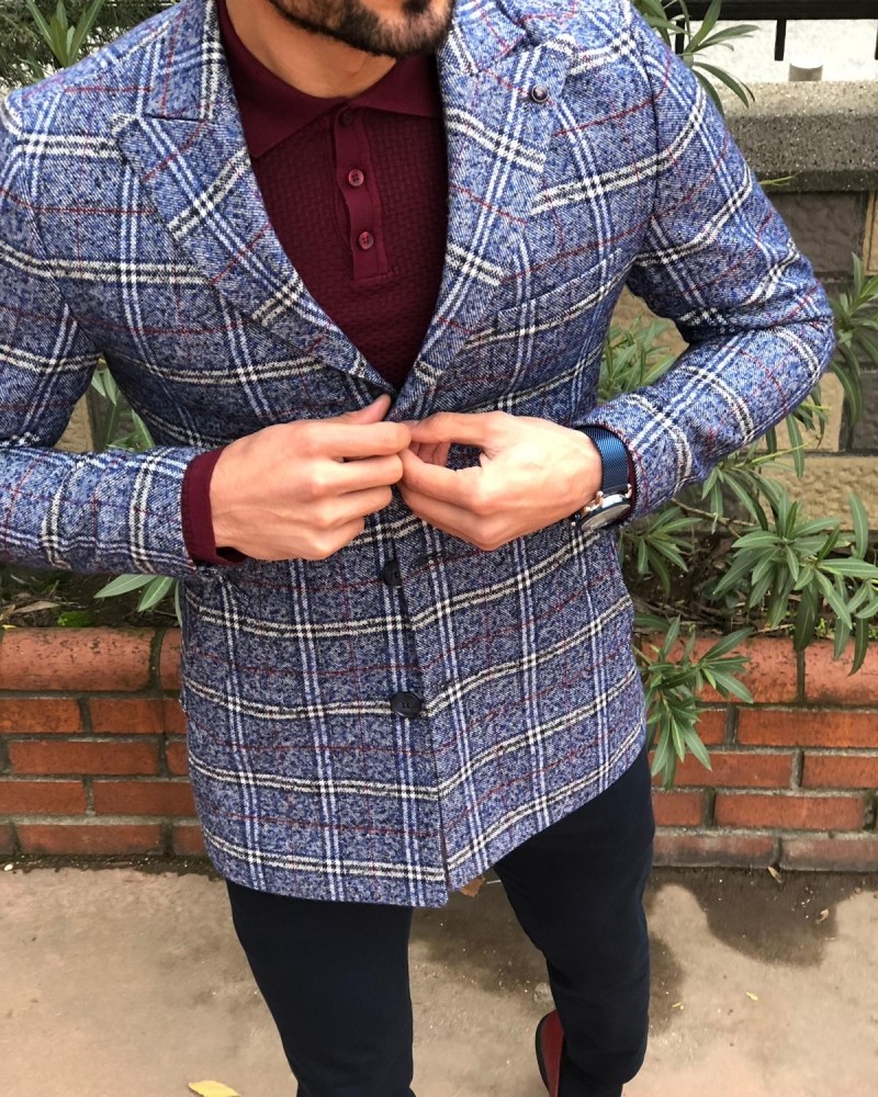 Indigo Slim Fit Plaid Wool Coat by Gentwith.com with Free Shipping