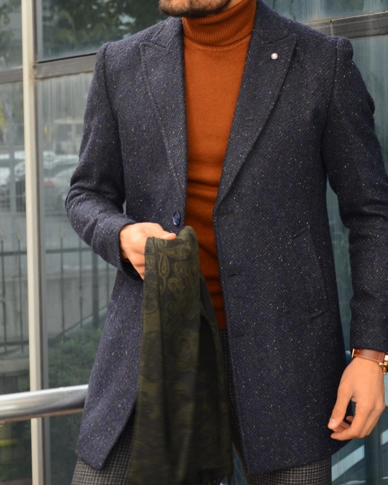 Navy Blue Slim Fit Wool Coat by Gentwith.com with Free Shipping