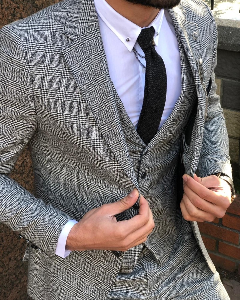 Gray Slim Fit Plaid Suit by Gentwith.com with Free Shipping