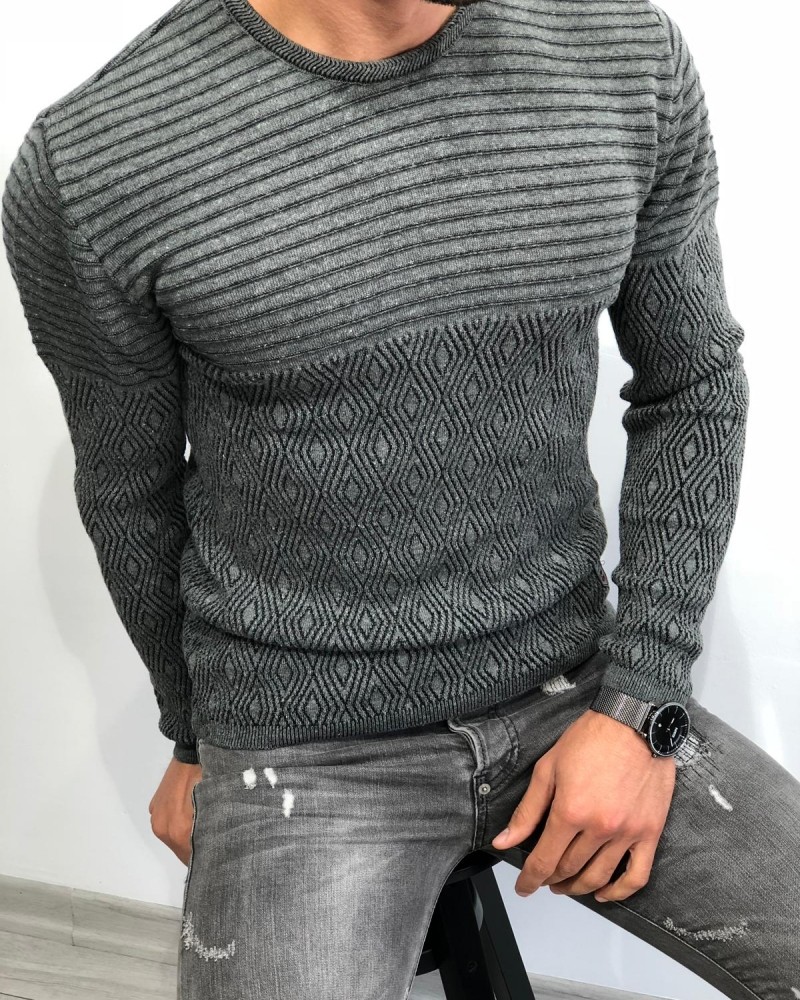 Buy Gray Slim Fit Patterned Sweater by Gentwith.com with Free Shipping
