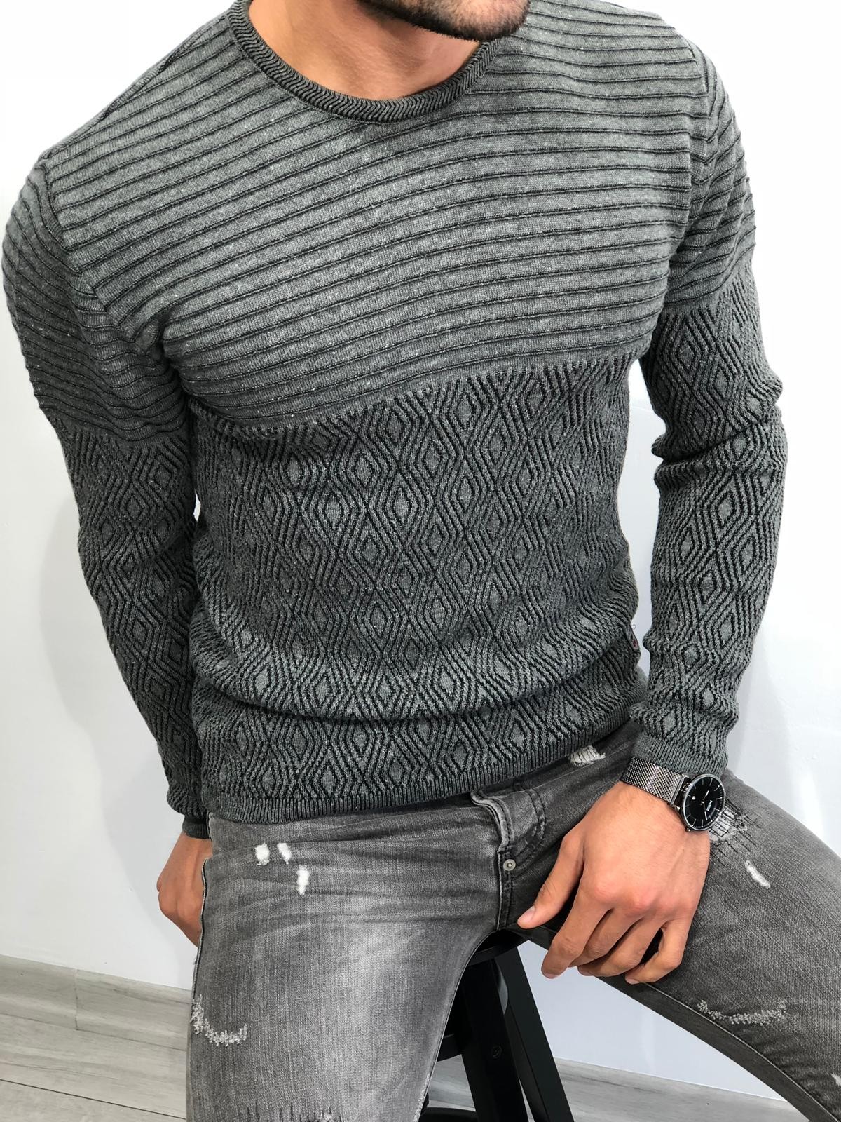Buy Gray Slim Fit Patterned Sweater by Gentwith.com with Free Shipping