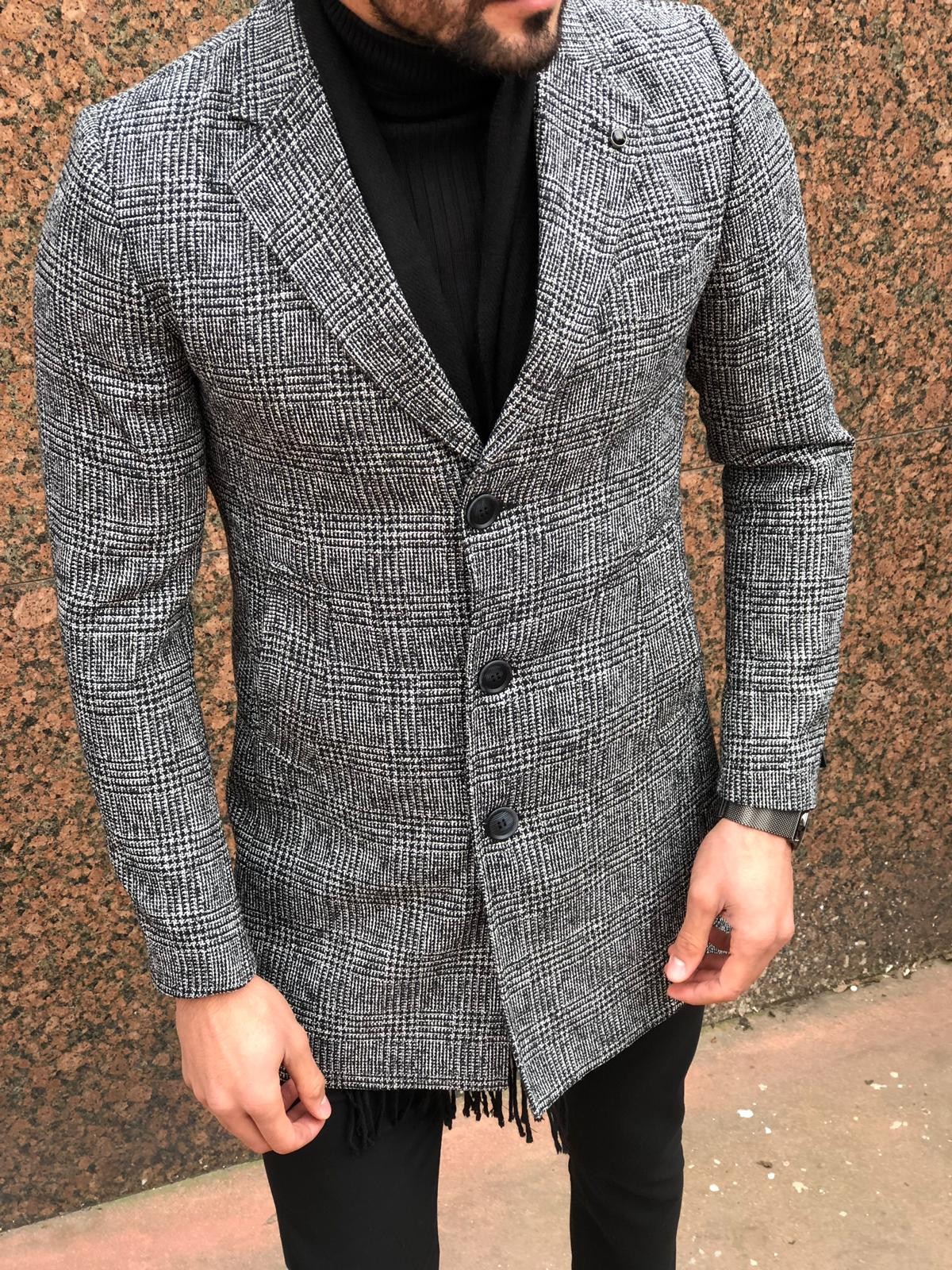 Buy Gray Slim Fit Plaid Wool Coat by Gentwith.com with Free Shipping