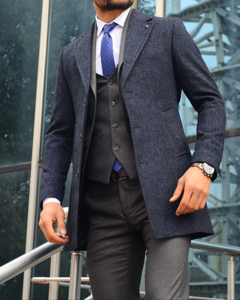 Navy Blue Slim Fit Plaid Wool Coat by Gentwith.com with Free Shipping