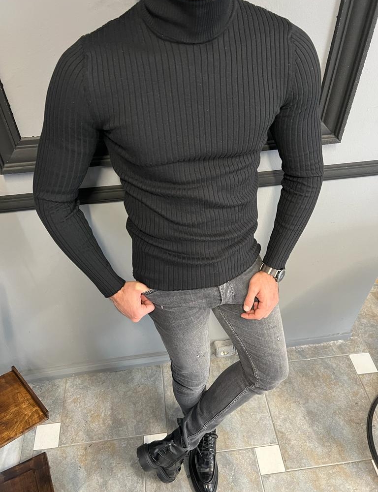 Black Striped Slim Fit Turtleneck Sweater for Men by Gentwith.com with Free Worldwide Shipping