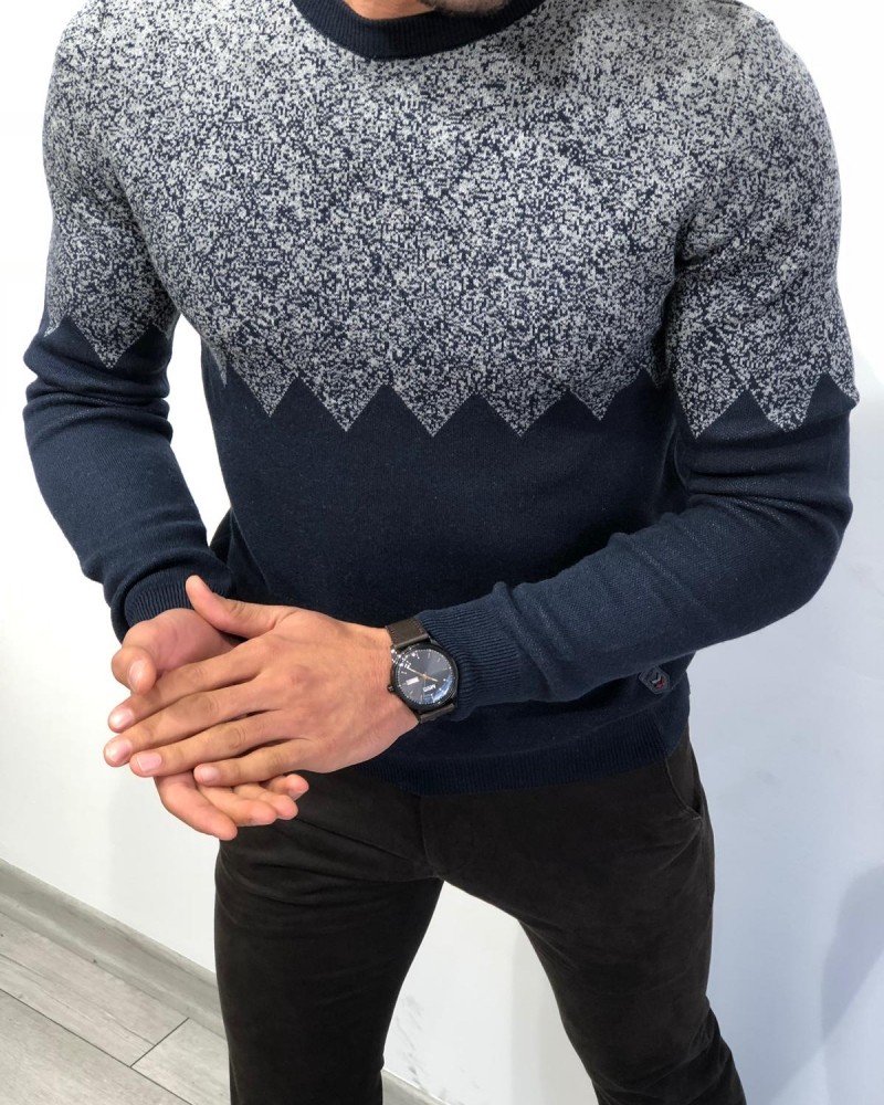 Navy Blue Slim Fit Patterned Sweater by Gentwith.com with Free Shipping