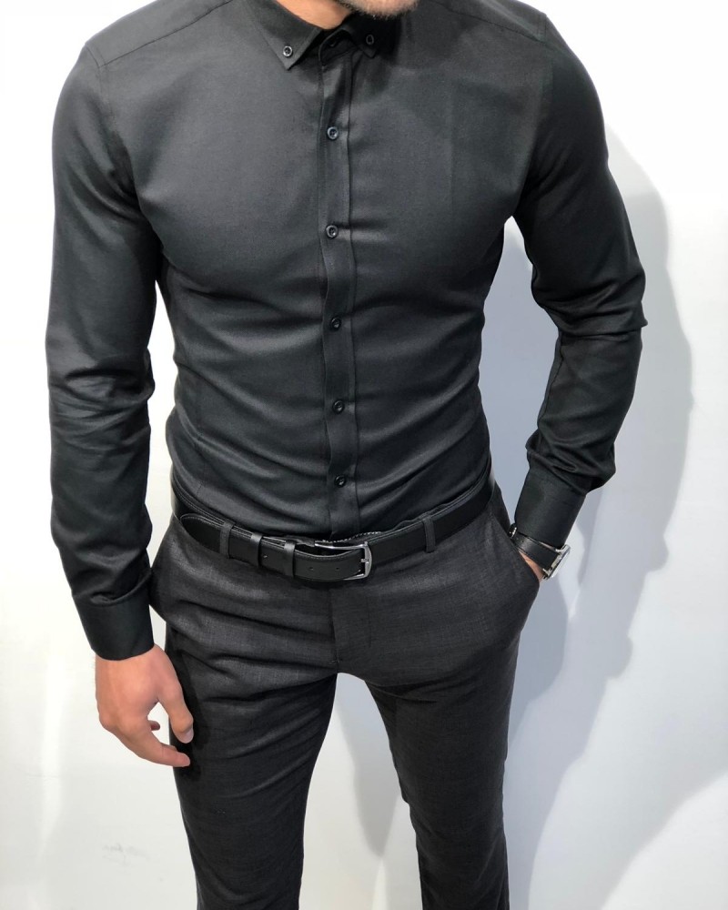 Black Slim Fit Chain Collar Shirt by Gentwith.com with Free Shipping
