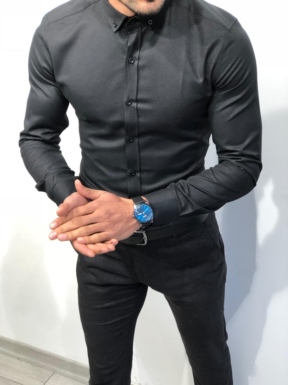 Buy Button Collar Dress Shirt Black by Gentwith.com with Free Shipping