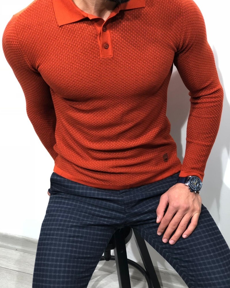 Buy Orange Slim Fit Collar Sweater by Gentwith.com with Free Shipping