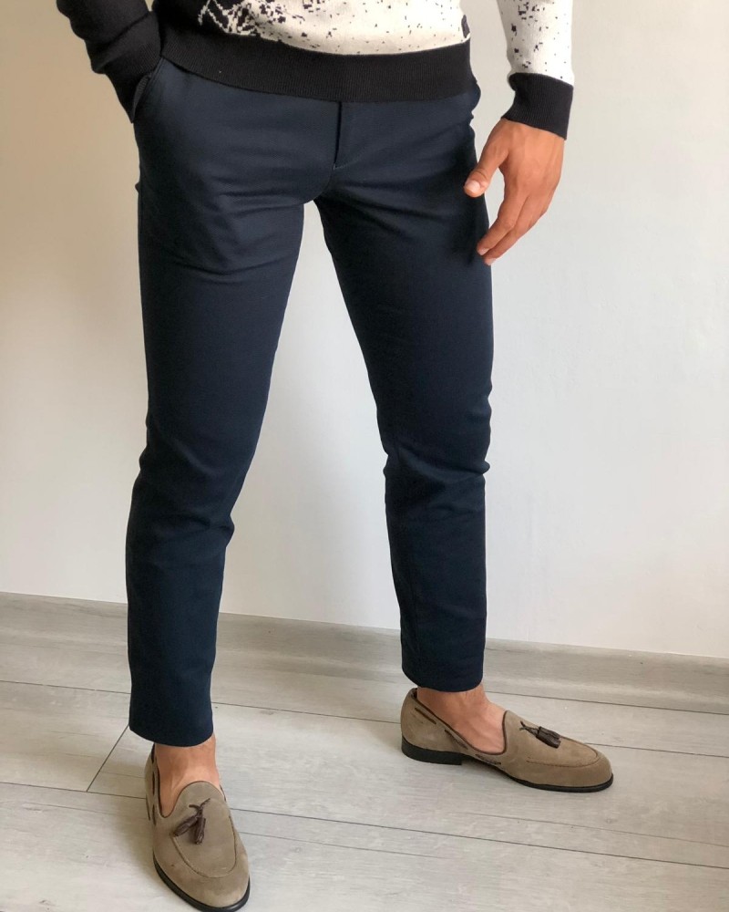 Navy Blue Slim Fit Pants by Gentwith.com with Free Shipping