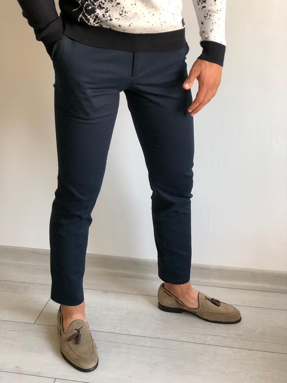 Buy Navy Blue Slim Fit Cotton Pants by Gentwith.com with Free Shipping