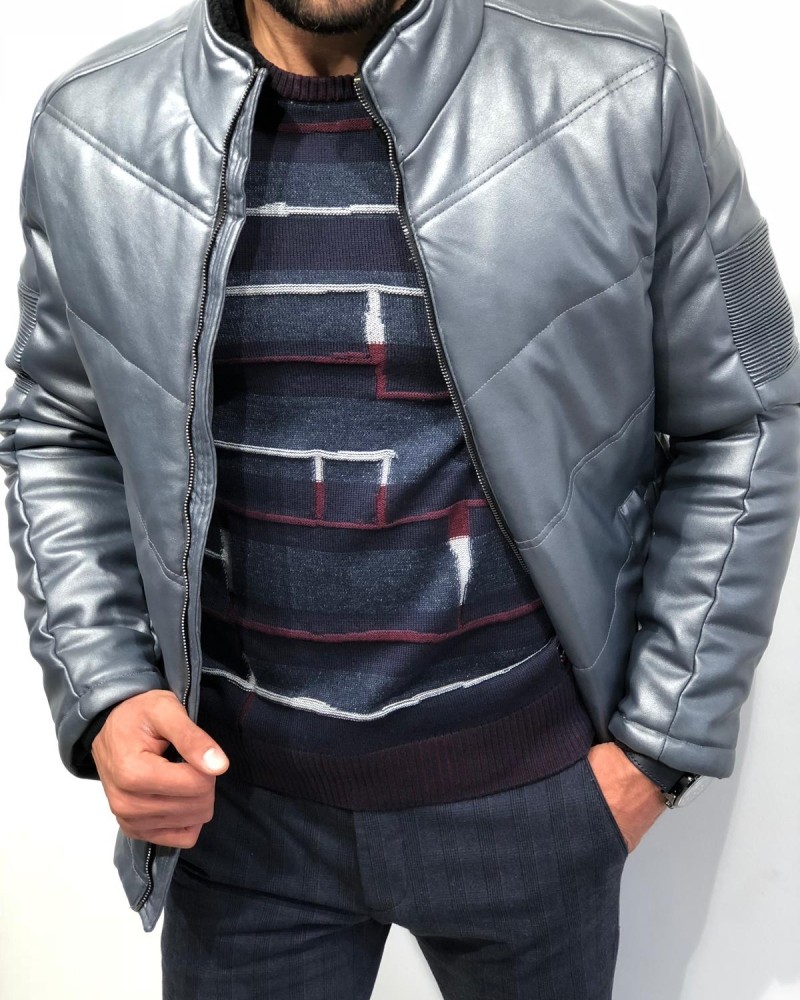 Gray Slim Fit Leather Coat by Gentwith.com with Free Shipping