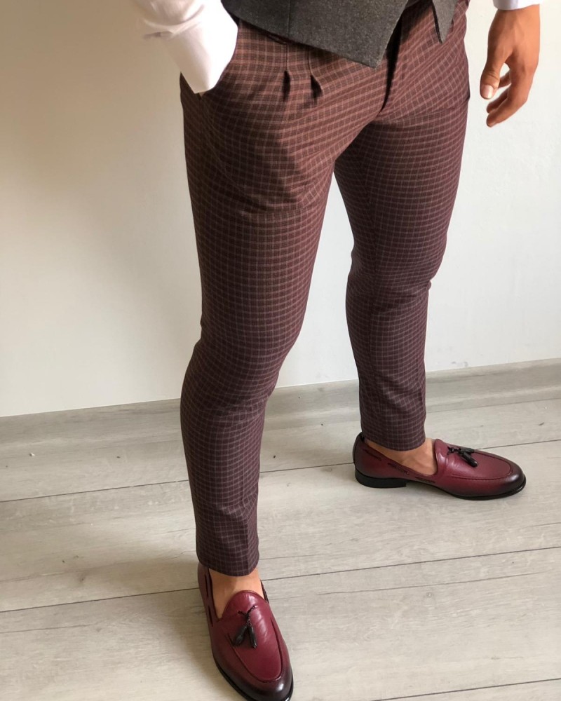 Claret Red Slim Fit Plaid Pants by Gentwith.com with Free Shipping