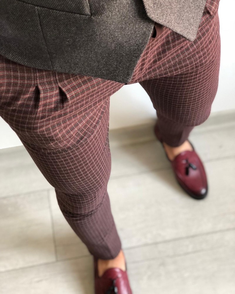Claret Red Slim Fit Plaid Pants by Gentwith.com with Free Shipping