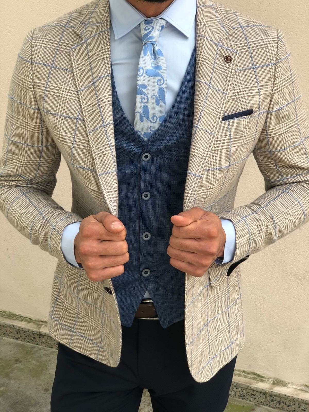 Buy Beige Slim Fit Plaid Suit by Gentwith.com with Free Shipping