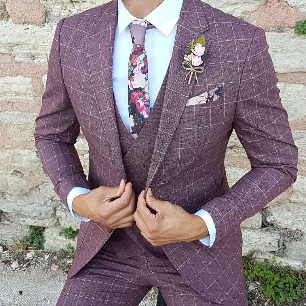 Buy Claret Red Slim Fit Plaid Suit by Gentwith.com with Free Shipping