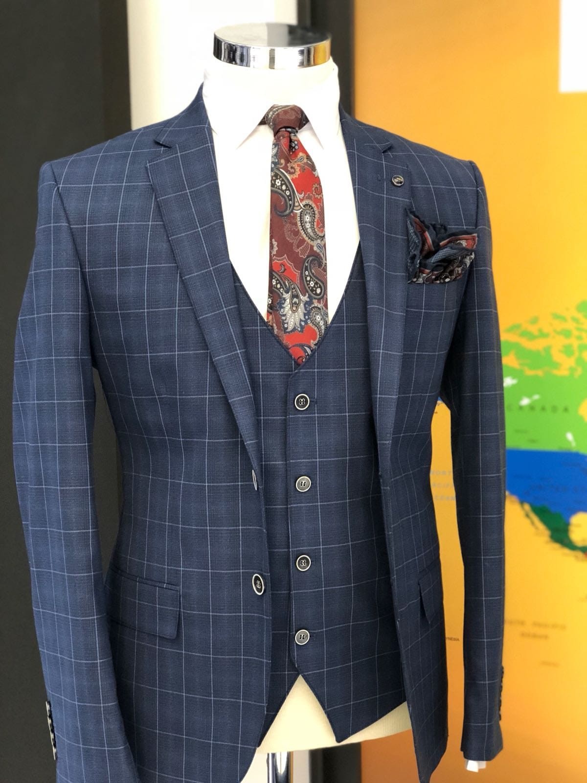 Buy Navy Blue Slim Fit Plaid Suit by Gentwith.com with Free Shipping
