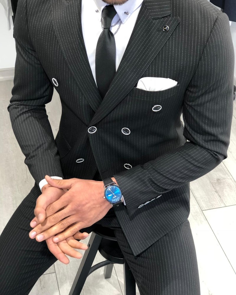 Black Slim Fit Striped Double Breasted Suit by Gentwith.com with Free Shipping