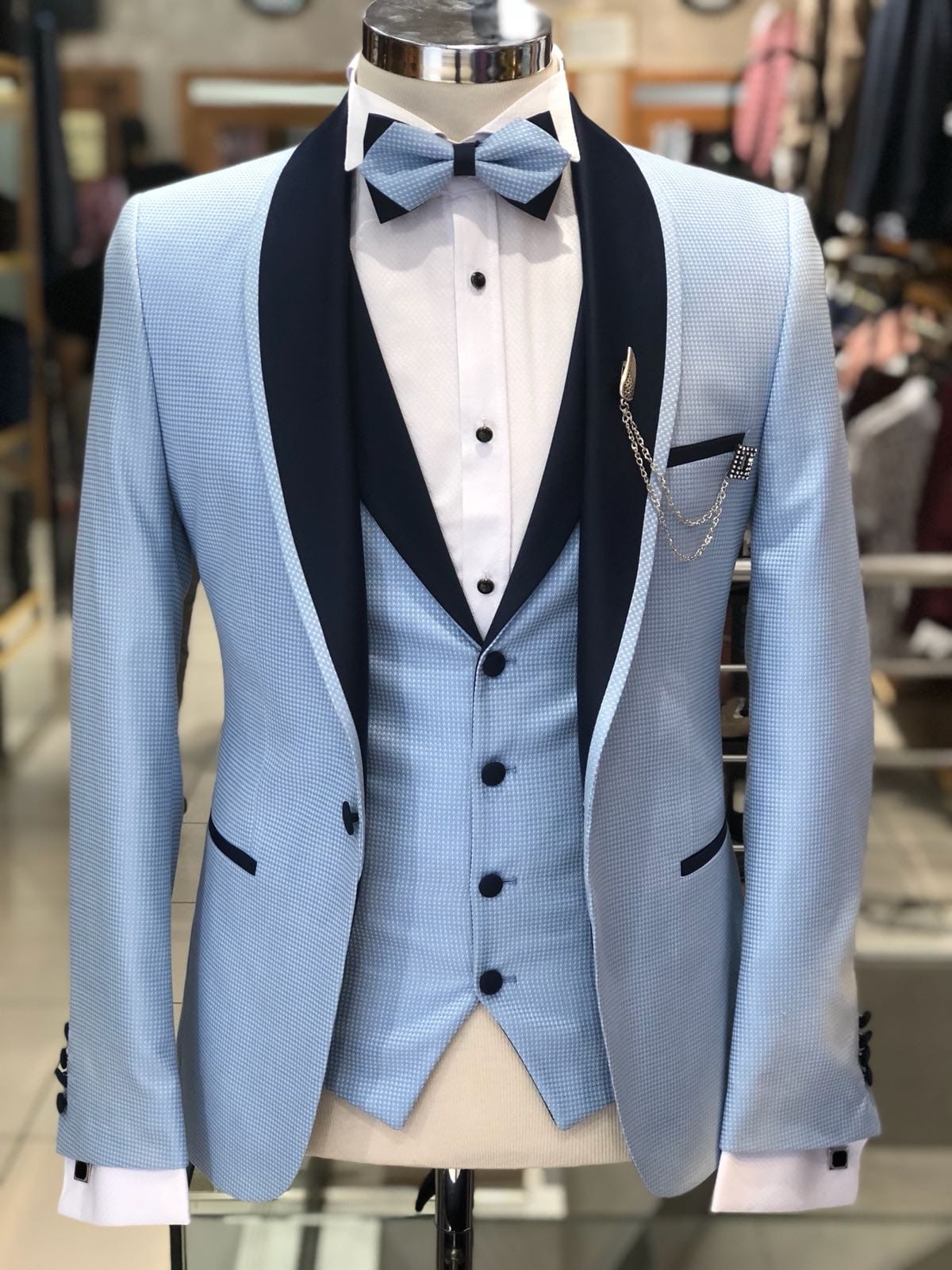 GentWith Pierre Dark Blue Slim Fit Double Breasted Pinstripe Suit