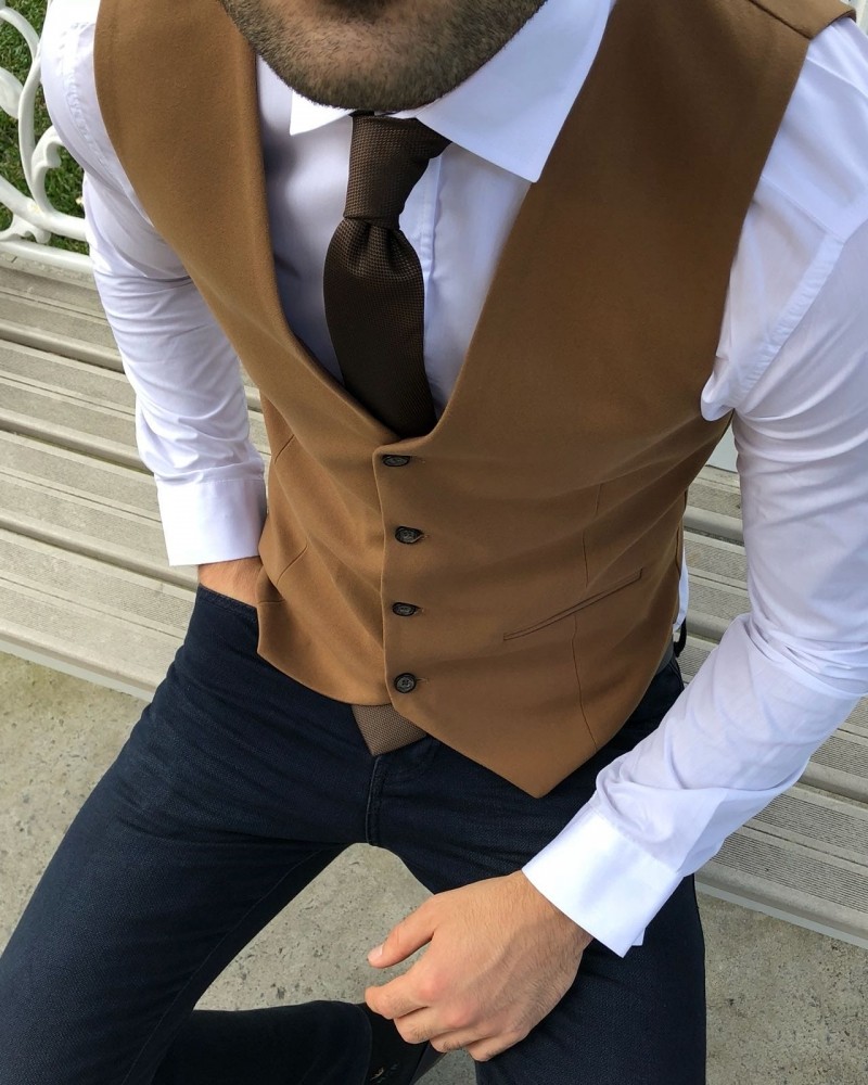 Camel Slim Fit Vest by Gentwith.com with Free Shipping