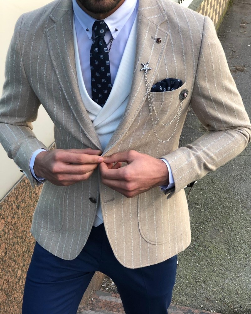 Buy Beige Slim Fit Striped Suit by Gentwith.com with Free Shipping