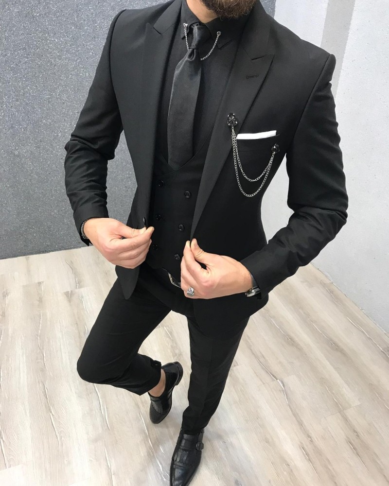 Black Slim Fit Wool Suit by Gentwith.com with Free Shipping