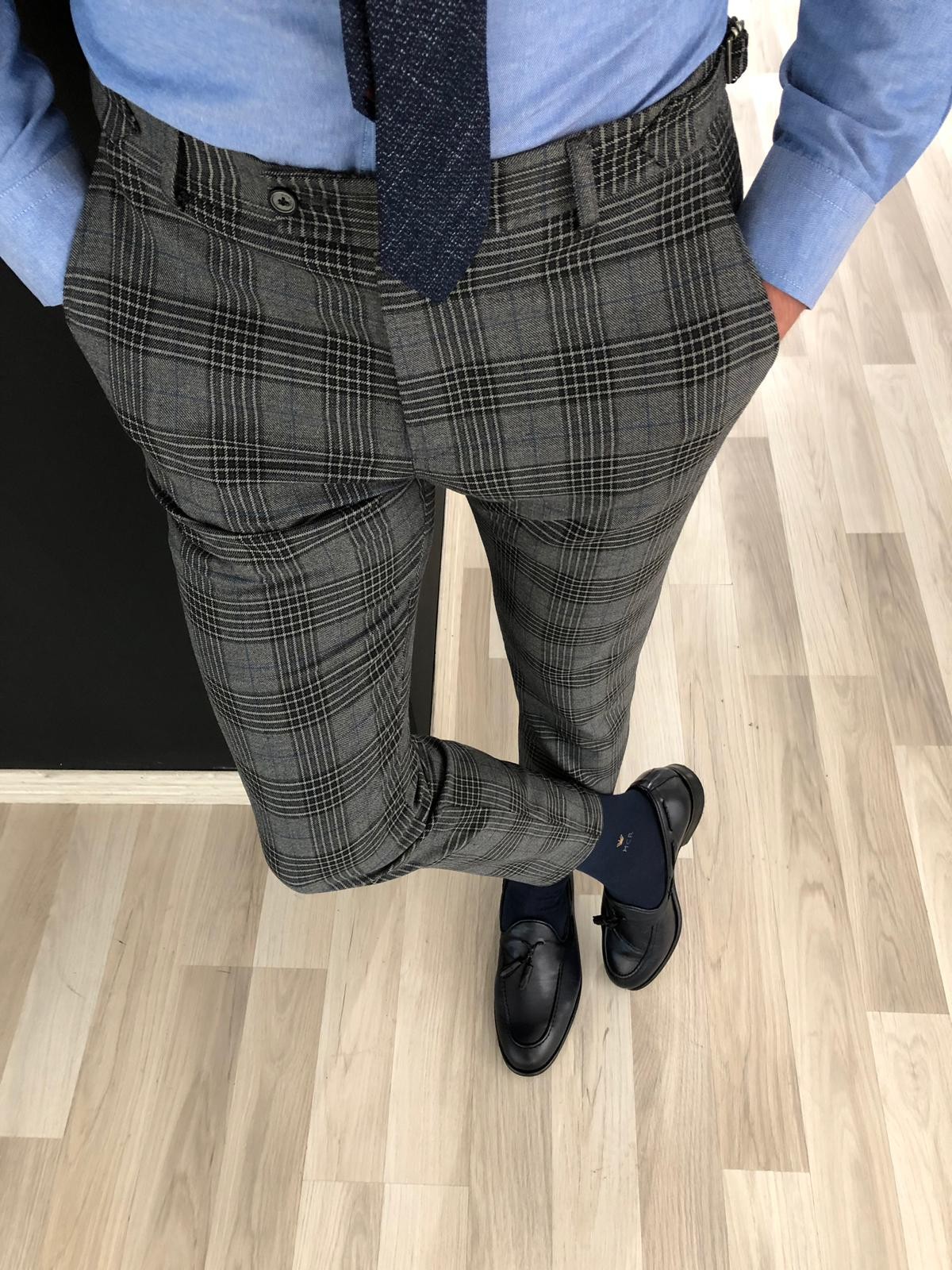 Buy Gray Slim Fit Plaid Pants by Gentwith.com with Free Shipping