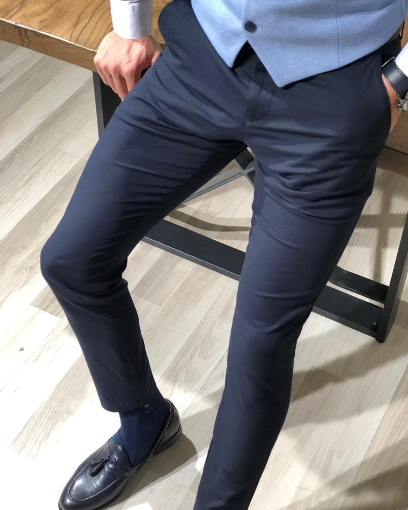 Navy Blue Slim Fit Cotton Pants by Gentwith.com with Free Shipping