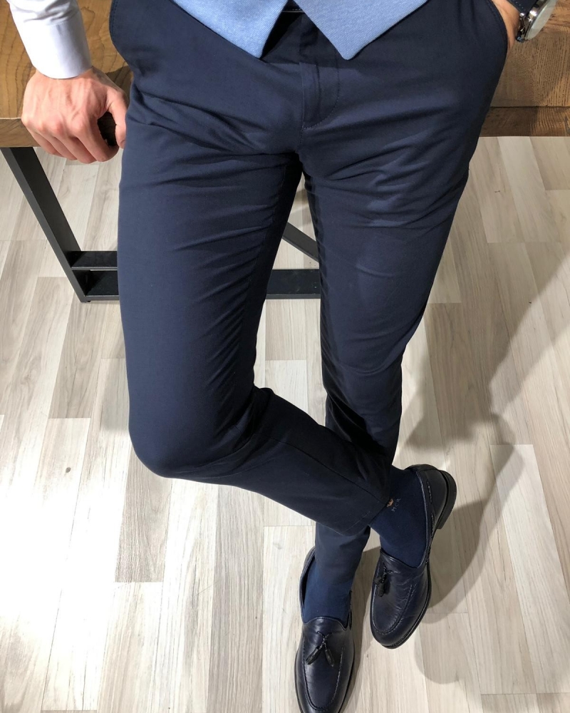 Navy Blue Slim Fit Cotton Pants by Gentwith.com with Free Shipping