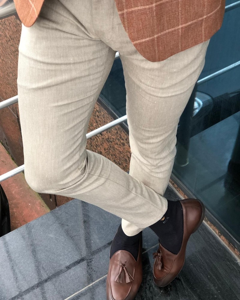 Beige Slim Fit Pants by Gentwith.com with Free Shipping
