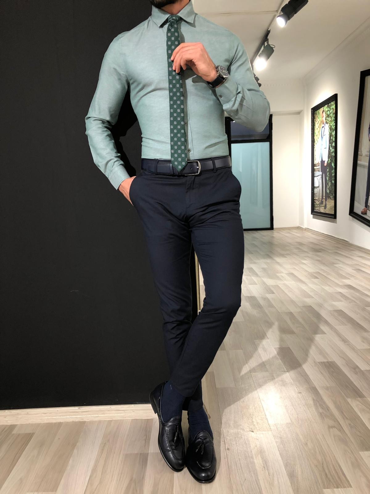 Buy Slim Fit Cotton Dress Shirt Green by Gentwith.com with Free Shipping