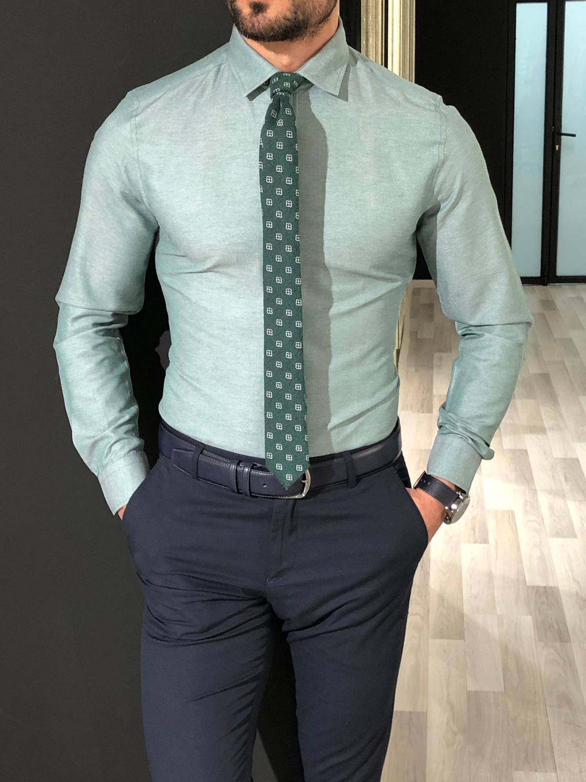 Buy Slim Fit Cotton Dress Shirt Green by  with Free Shipping