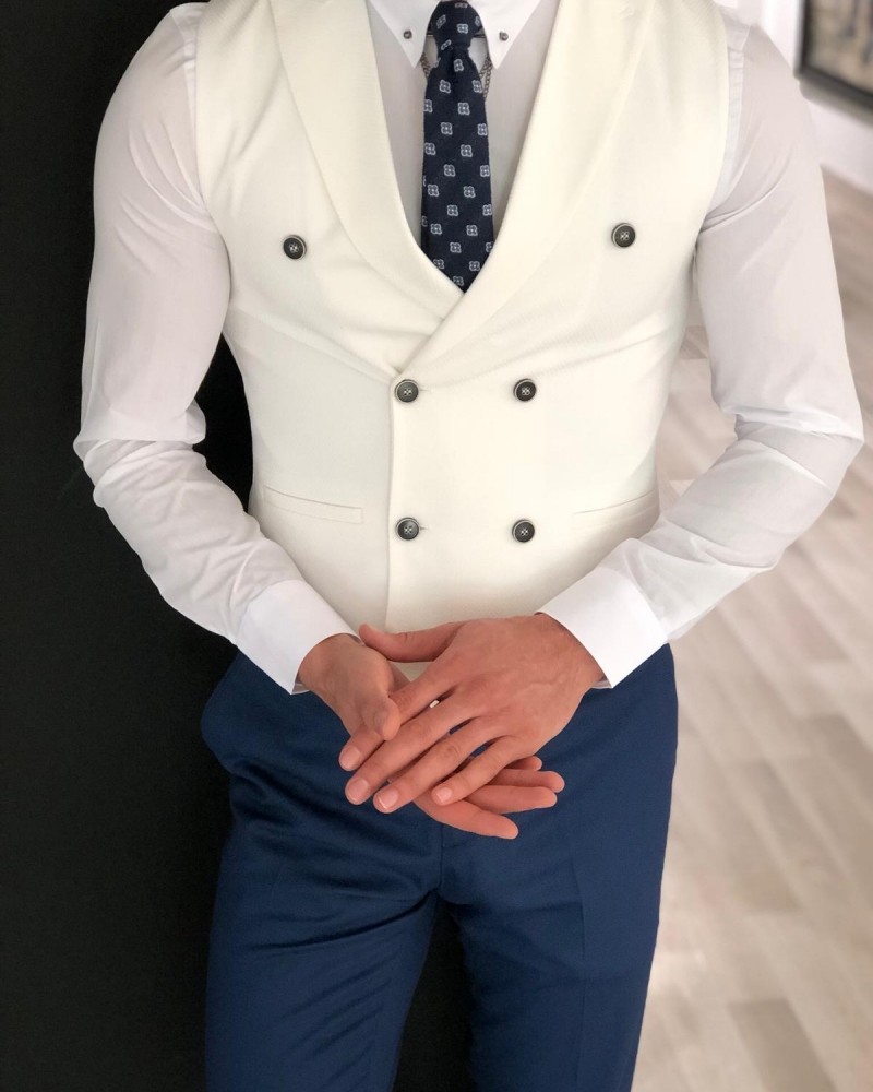 Ecru Slim Fit Double Breasted Vest by Gentwith.com with Free Shipping