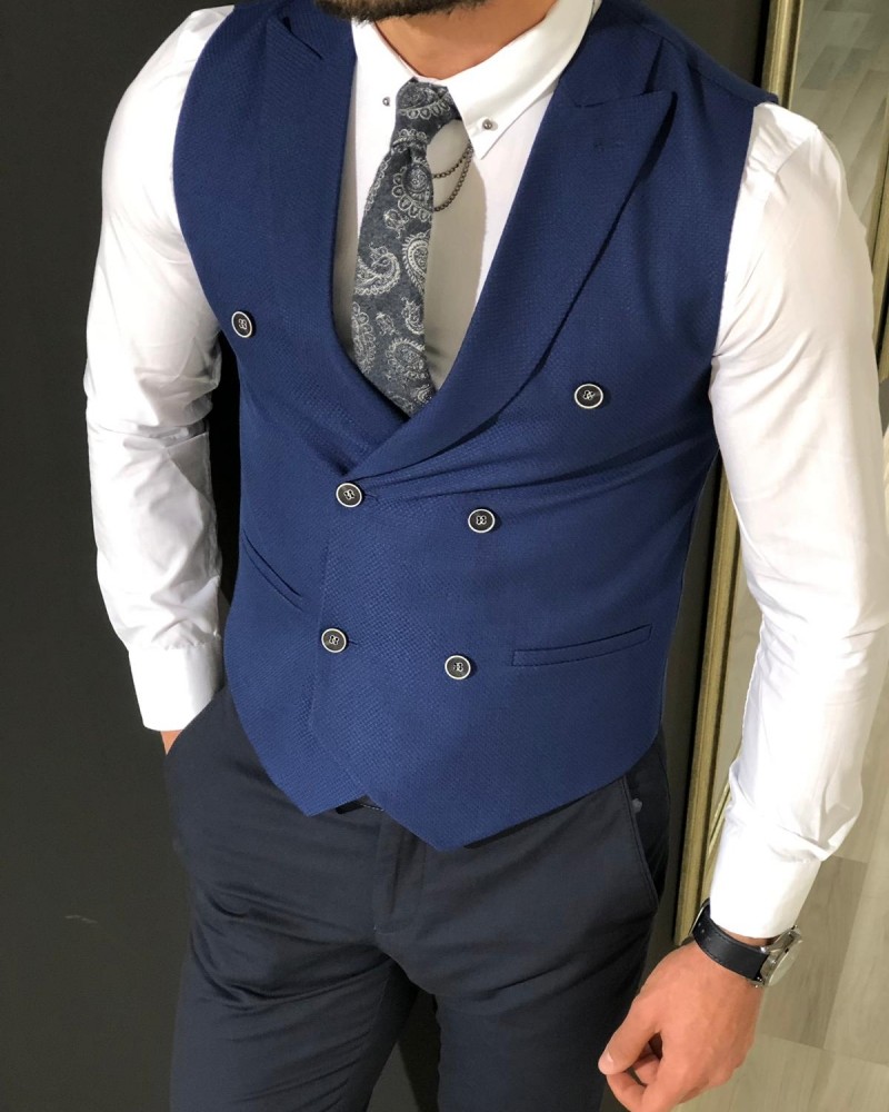 Blue Slim Fit Double Breasted Vest by Gentwith.com with Free Shipping