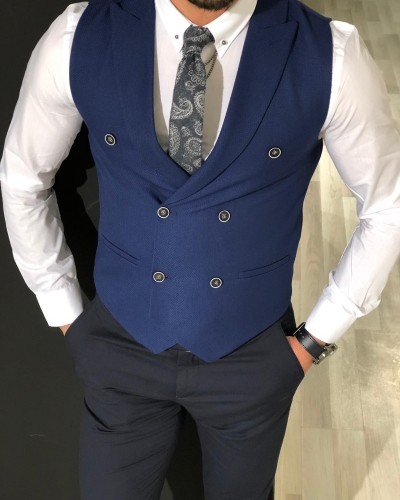 Blue Slim Fit Double Breasted Vest by Gentwith.com with Free Shipping