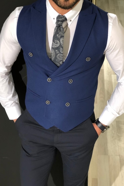 Blue Slim Fit Double Breasted Vest by Gentwith.com with Free Shipping