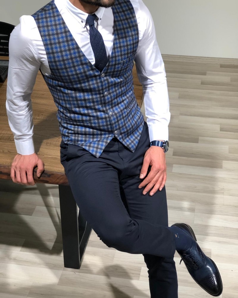 Sax Slim Fit Plaid Vest by Gentwith.com with Free Shipping