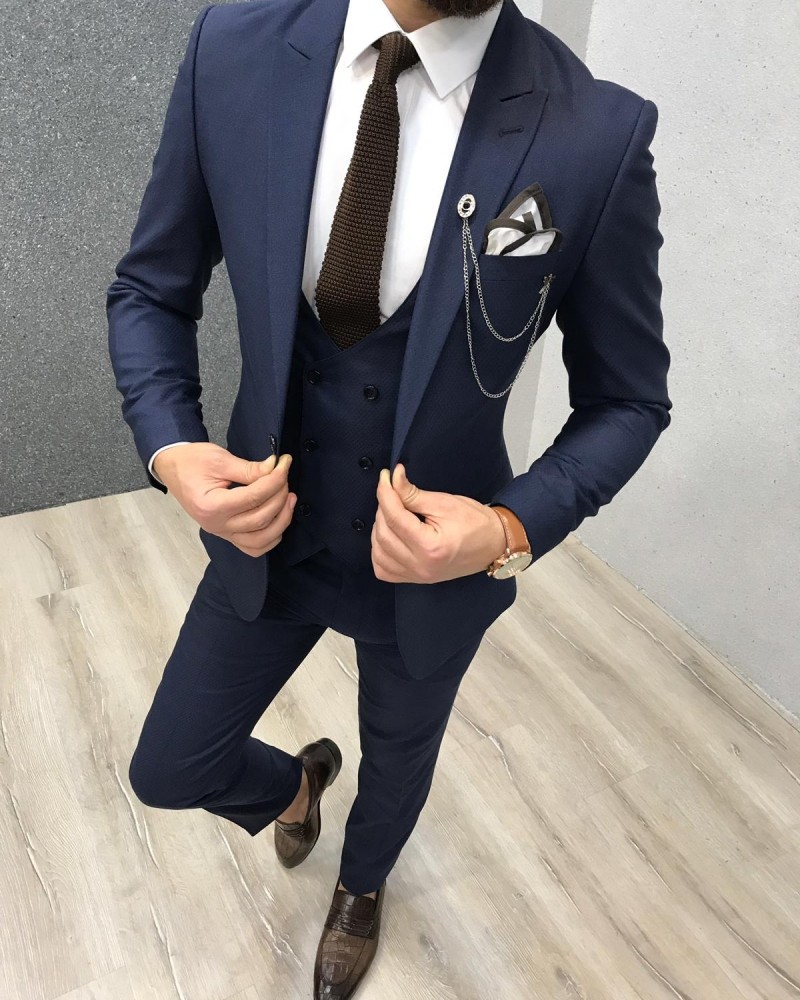 Navy Blue Slim Fit Wool Suit by Gentwith.com with Free Shipping