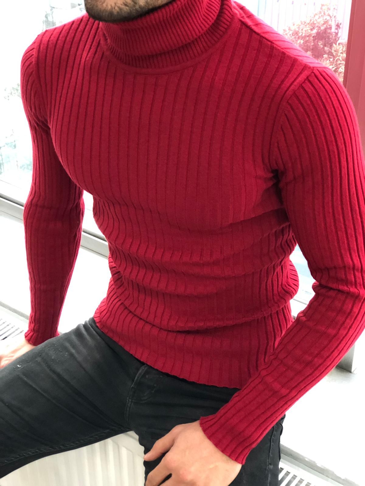 Brown Slim Fit Mock Turtleneck Sweater for Men by