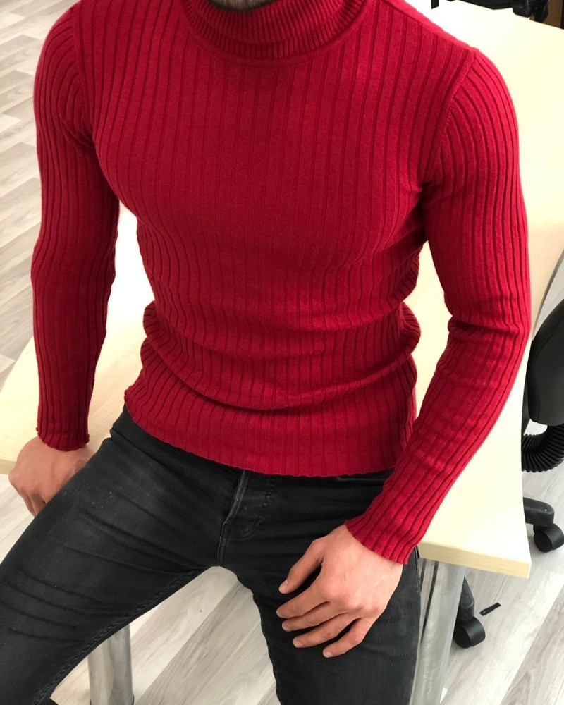 Red Slim Fit Striped Sweater by Gentwith.com with Free Shipping