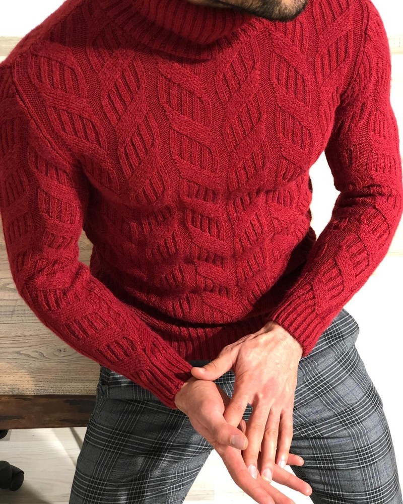 Claret Red Slim Fit Turtleneck Sweater by Gentwith.com with Free Shipping