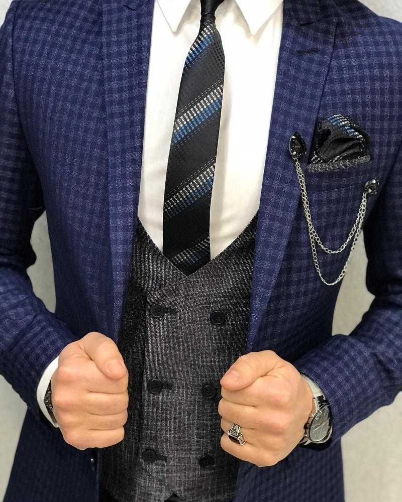 Blue Slim Fit Plaid Wool Suit by Gentwith.com with Free Shipping