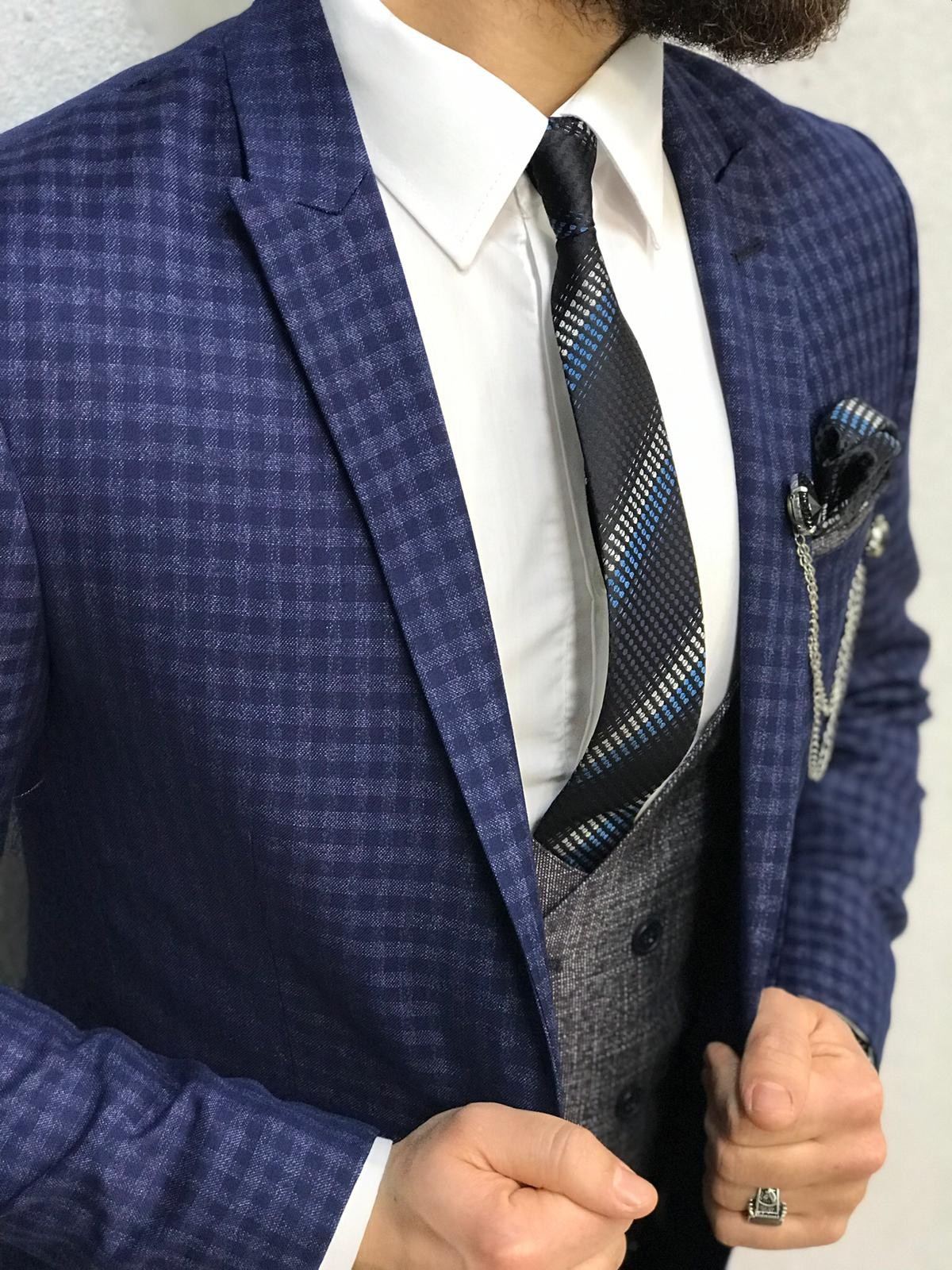 Buy Blue Slim Fit Plaid Wool Suit by Gentwith.com with Free Shipping