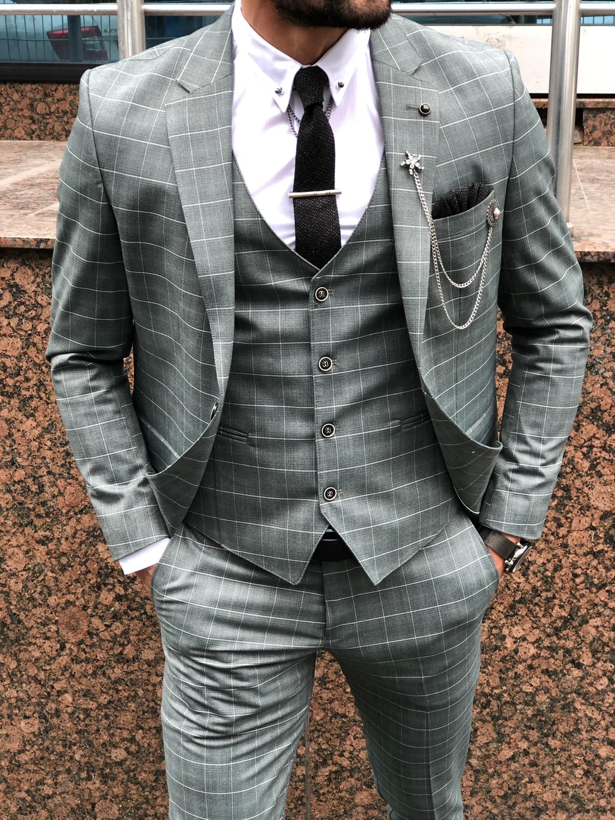 Buy Green Slim Fit Plaid Suit by Gentwith.com with Free Shipping